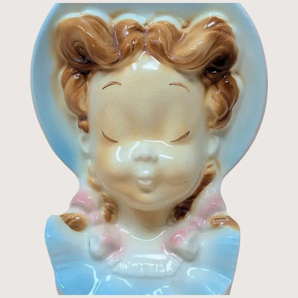 1950s Royal Copley Ceramic Lady Bonnet Wall Pocket Planter Pair